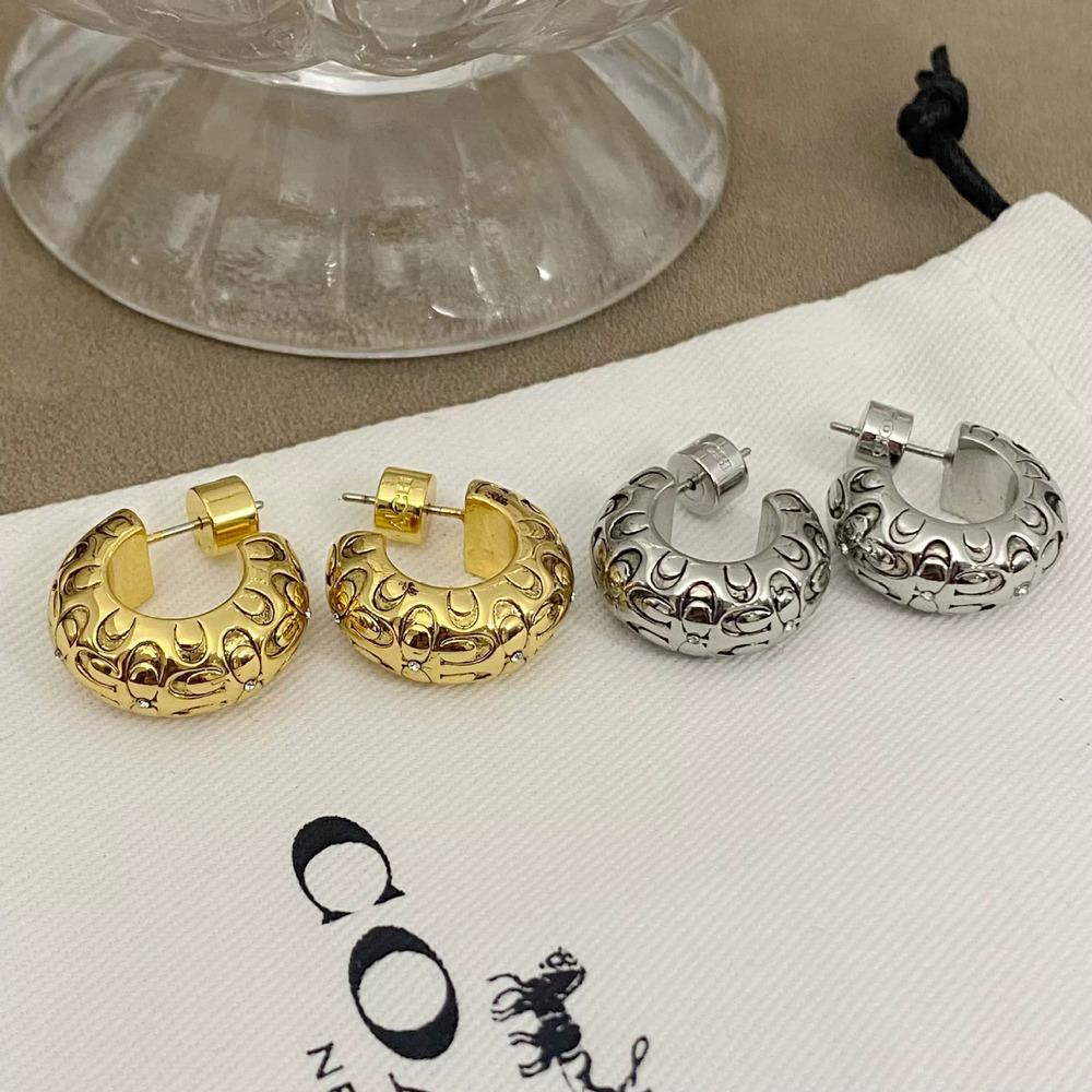 Coach Gold Plated Copper Letter Logo Metal Earrings